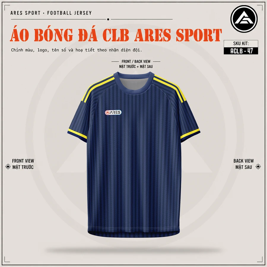 Mặt trước áo đá banh CLB Al Nassr navy, cổ tròn viền vàng, chưa in logo