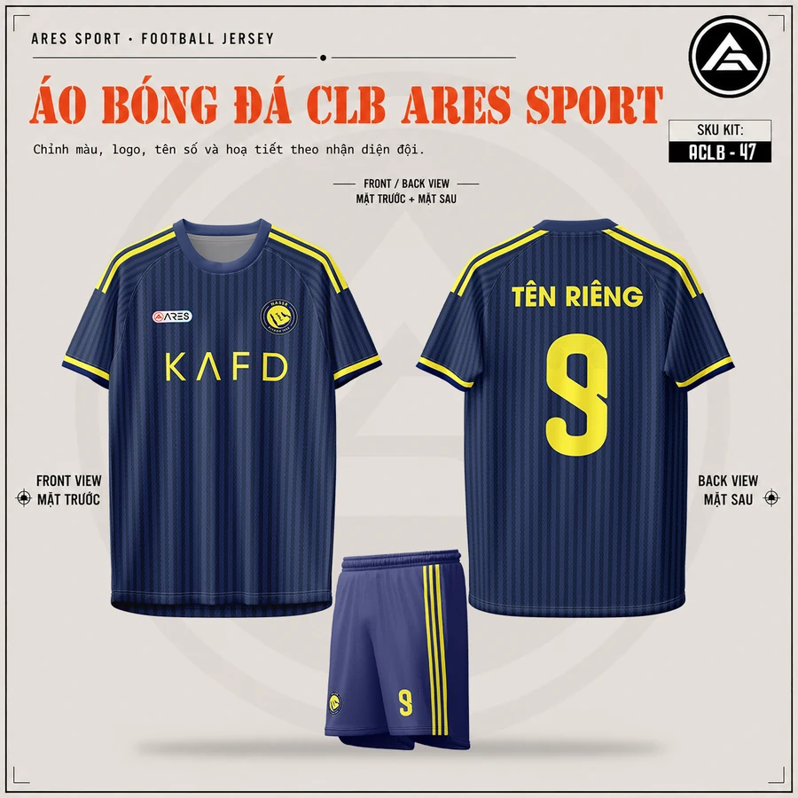 Áo bóng đá CLB Al Nassr navy, mặt trước, mặt sau và quần navy sọc vàng in tên số 9