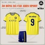 Áo bóng đá CLB Al Nassr vàng, mặt trước, mặt sau và quần navy sọc vàng in tên số 9
