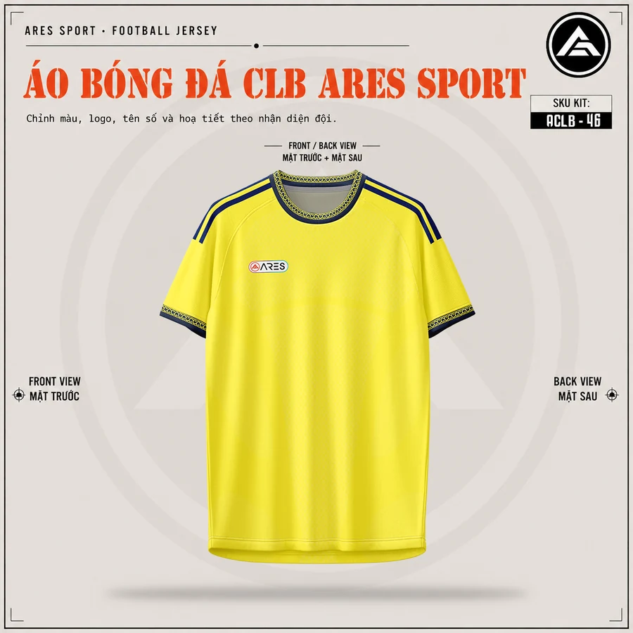 Mặt trước áo đá banh CLB Al Nassr vàng, cổ tròn viền navy, chưa in logo