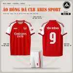 Áo bóng đá CLB Arsenal đỏ tay trắng, mặt trước, mặt sau và quần trắng sọc đỏ in tên số 9