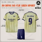 Áo bóng đá CLB Arsenal vàng kem, mặt trước, mặt sau và quần navy in tên số 9