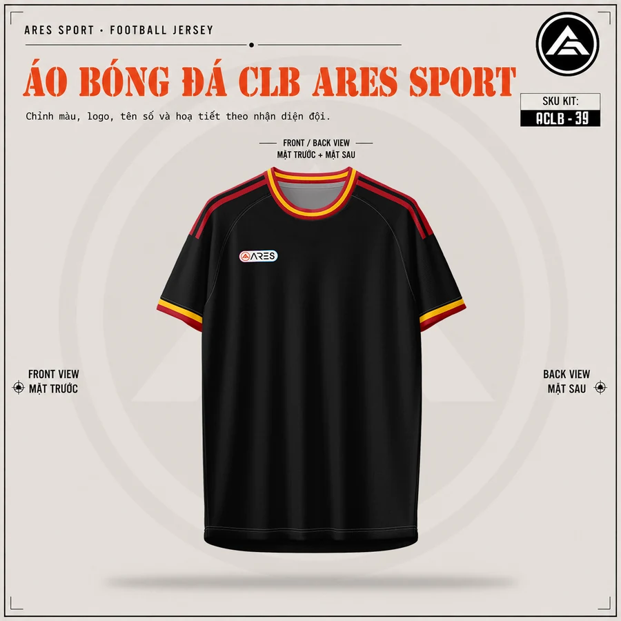 Mặt trước áo đá banh CLB AS Roma đen, cổ tròn viền cam, chưa in logo