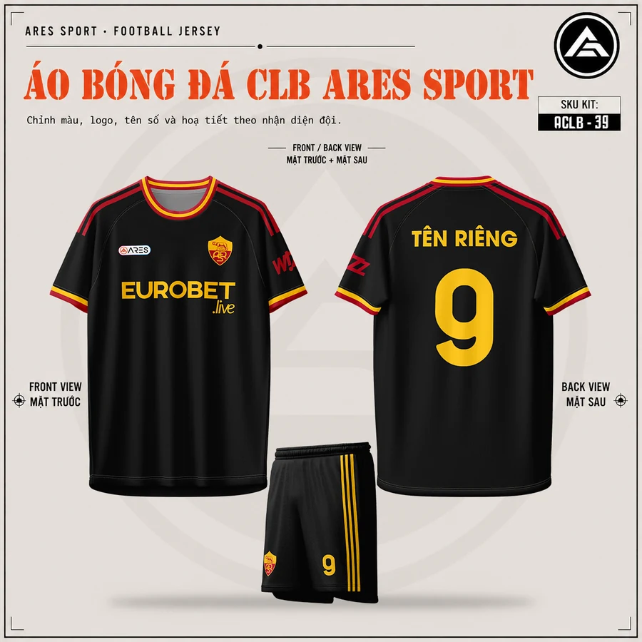 Áo bóng đá CLB AS Roma đen, mặt trước, mặt sau và quần đen sọc vàng in tên số 9