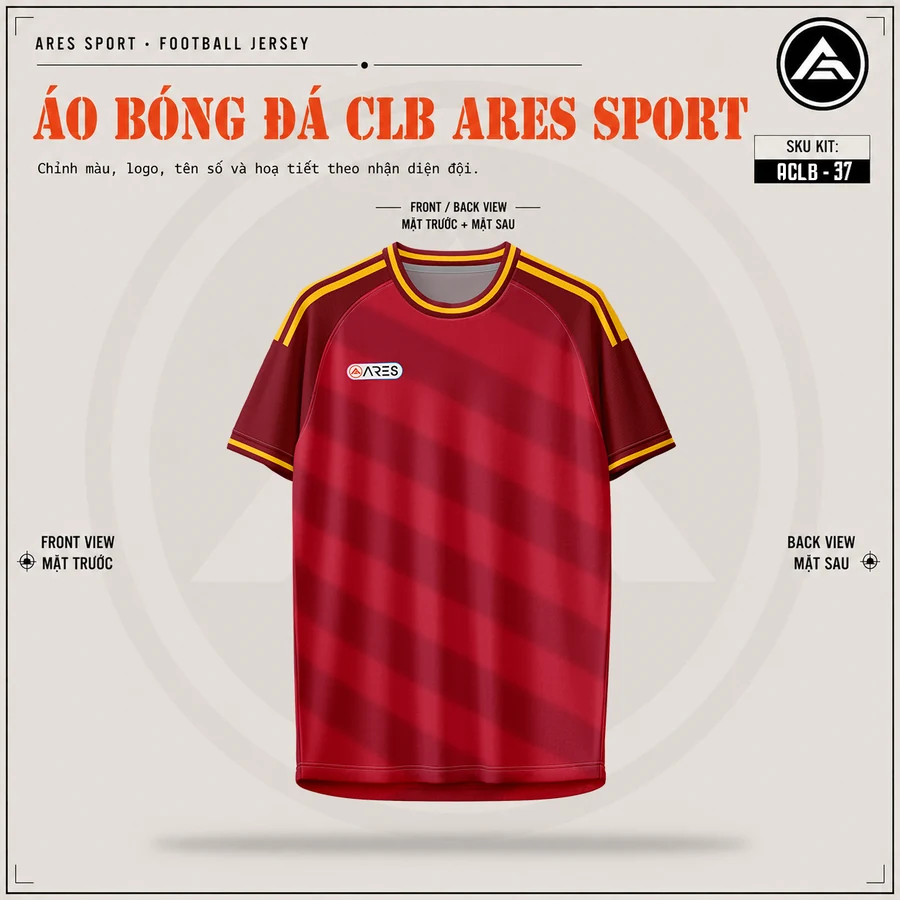 Mặt trước áo đá banh CLB AS Roma đỏ đậm, cổ tròn viền vàng, chưa in logo