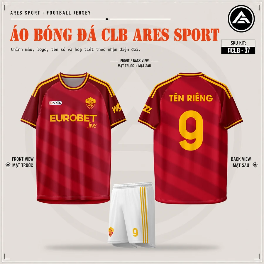 Áo bóng đá CLB AS Roma đỏ đậm, mặt trước, mặt sau và quần trắng sọc vàng in tên số 9