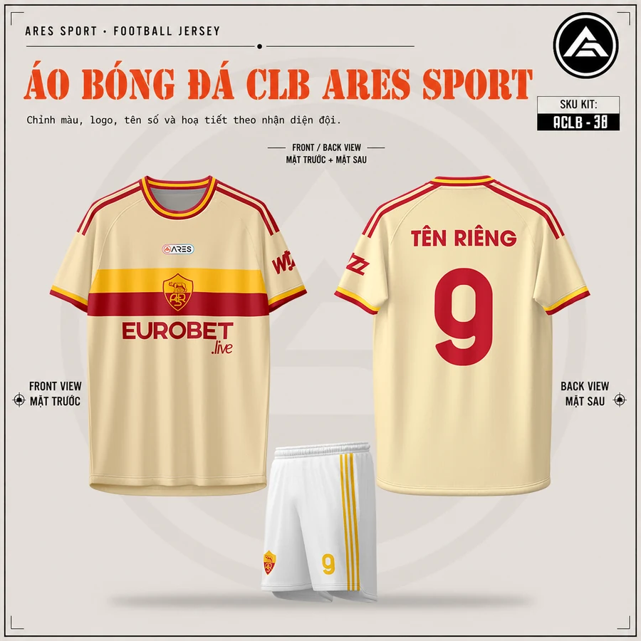 Áo bóng đá CLB AS Roma kem, mặt trước, mặt sau và quần trắng sọc vàng in tên số 9