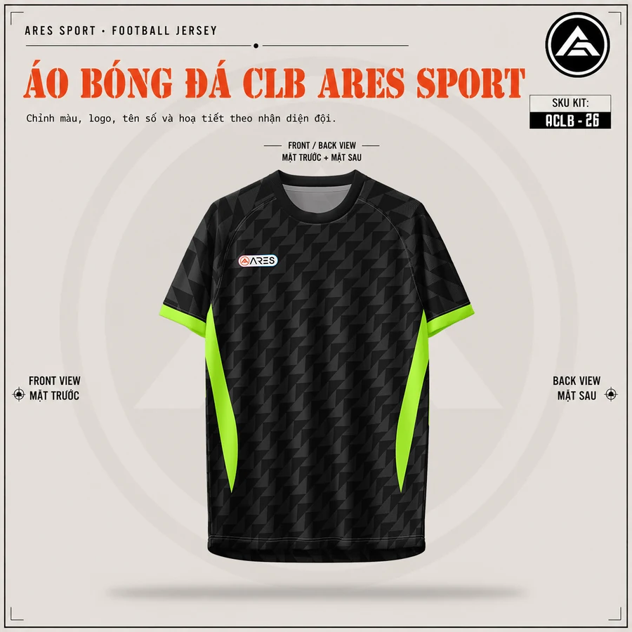 Mặt trước áo đá banh CLB Atletico Madrid đen xanh neon, cổ tròn viền xanh neon, chưa in logo