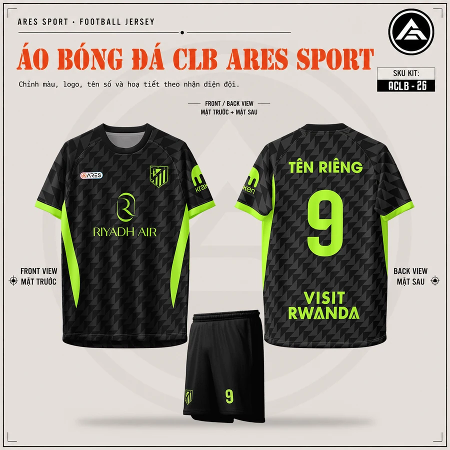 Áo bóng đá CLB Atletico Madrid đen xanh neon, mặt trước, mặt sau và quần đen in tên số 9