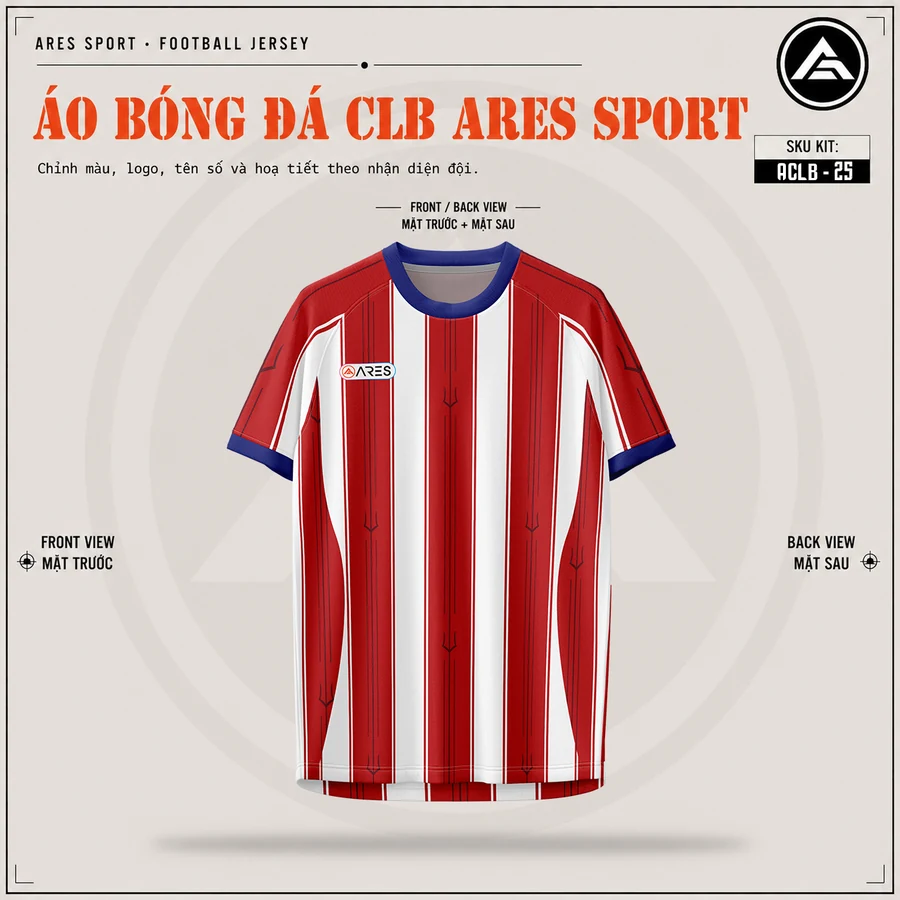 Mặt trước áo đá banh CLB Atletico Madrid đỏ trắng sọc, cổ tròn viền xanh dương, chưa in logo