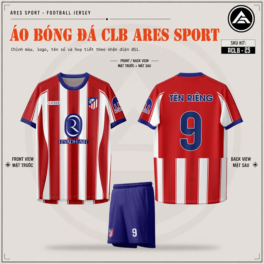 Áo bóng đá CLB Atletico Madrid đỏ trắng sọc, mặt trước, mặt sau và quần xanh dương in tên số 9