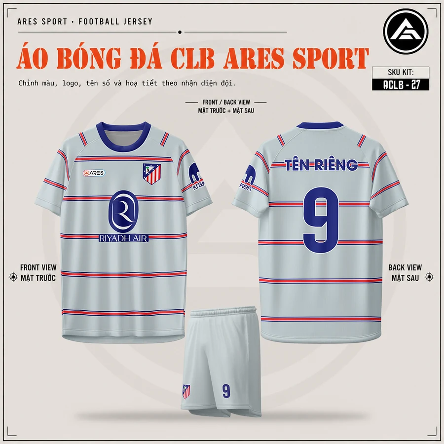 Áo bóng đá CLB Atletico Madrid xám sọc đỏ, mặt trước, mặt sau và quần xám nhạt in tên số 9