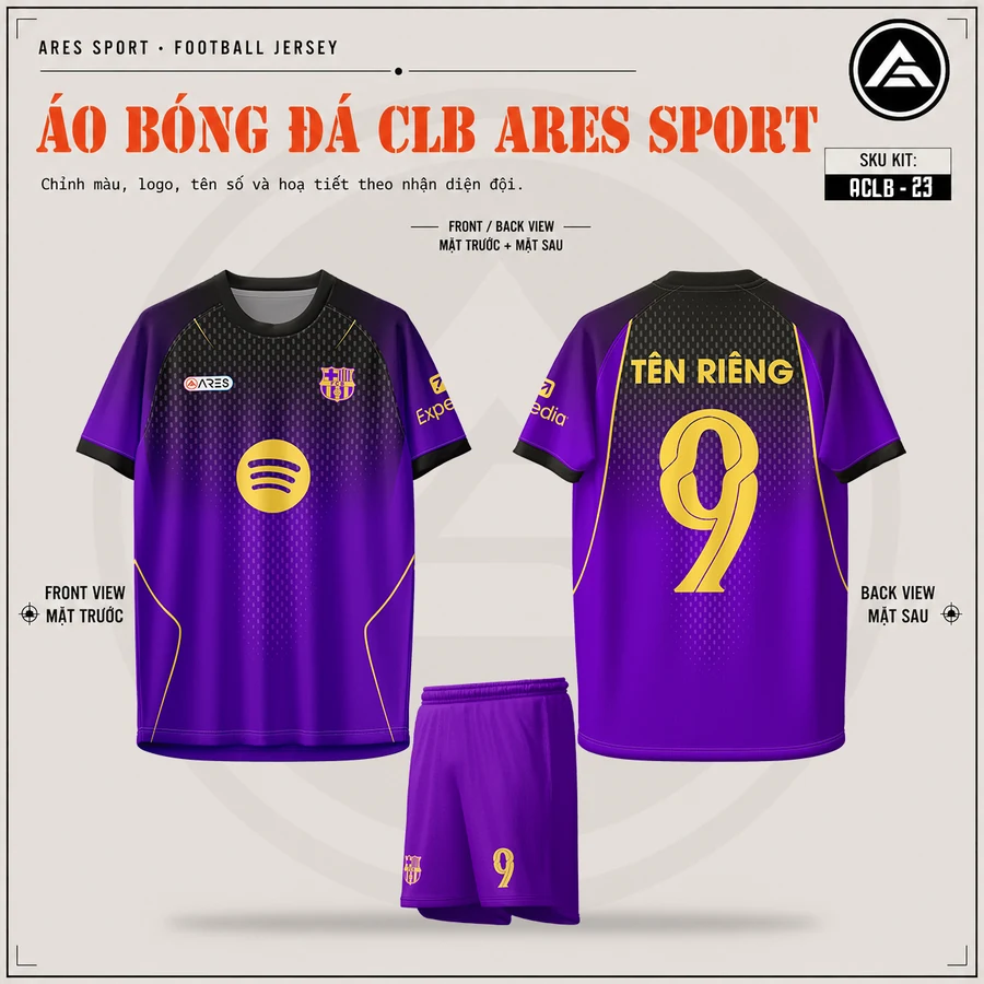Áo bóng đá CLB Barcelona tím, mặt trước, mặt sau và quần tím in tên số 9