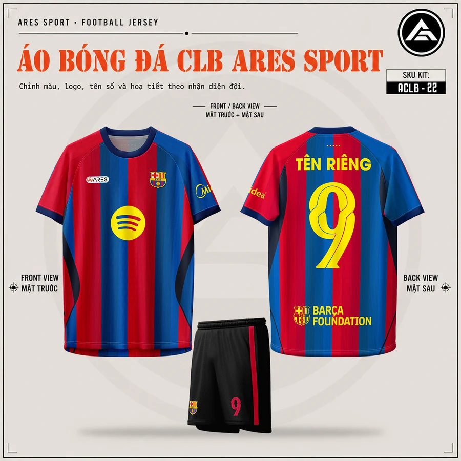 Áo bóng đá CLB Barcelona xanh đỏ sọc, mặt trước, mặt sau và quần đen sọc đỏ in tên số 9
