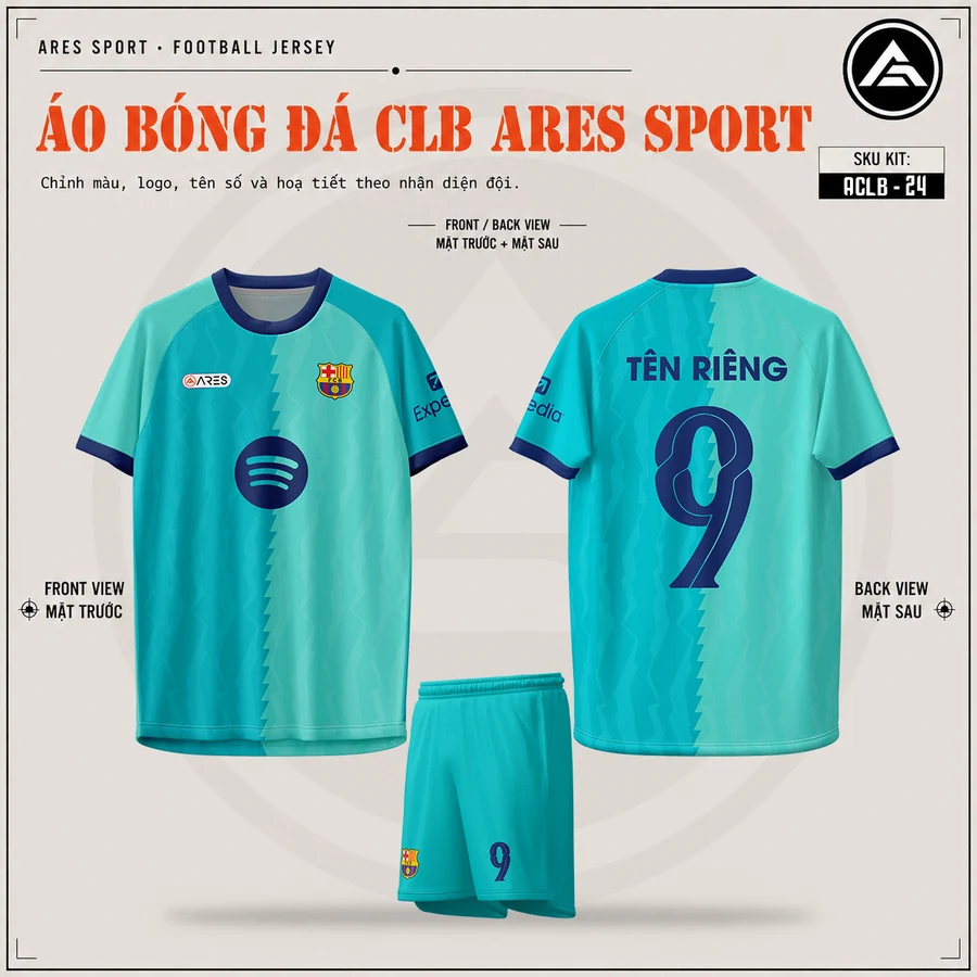 Áo bóng đá CLB Barcelona xanh ngọc, mặt trước, mặt sau và quần xanh ngọc in tên số 9