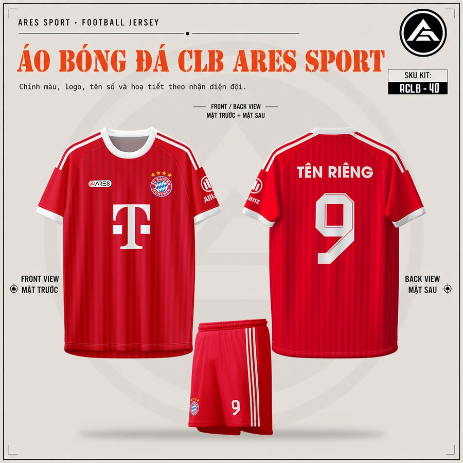 Áo bóng đá CLB Bayern Munich đỏ, mặt trước, mặt sau và quần đỏ in tên số 9
