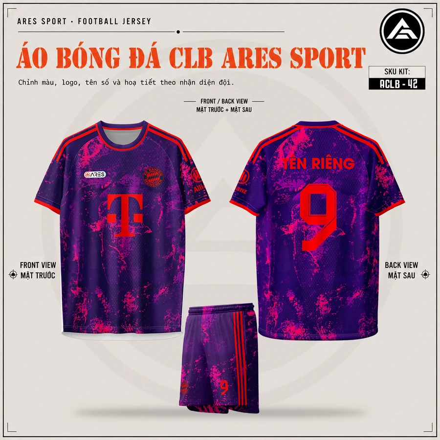 Áo bóng đá CLB Bayern Munich tím họa tiết, mặt trước, mặt sau và quần tím loang đỏ in tên số 9