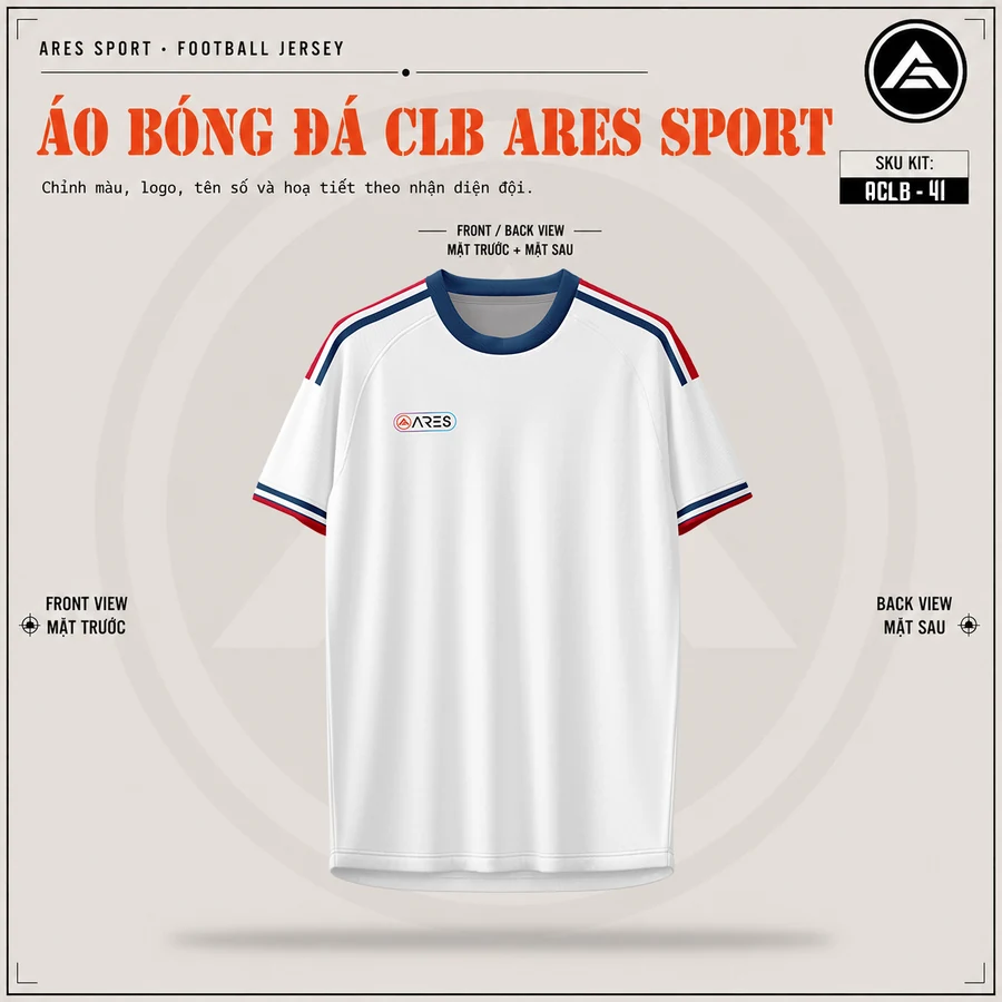 Mặt trước áo đá banh CLB Bayern Munich trắng, cổ tròn viền xanh, chưa in logo