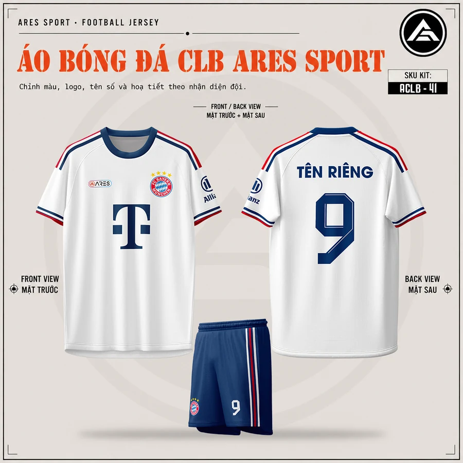 Áo bóng đá CLB Bayern Munich trắng, mặt trước, mặt sau và quần navy in tên số 9