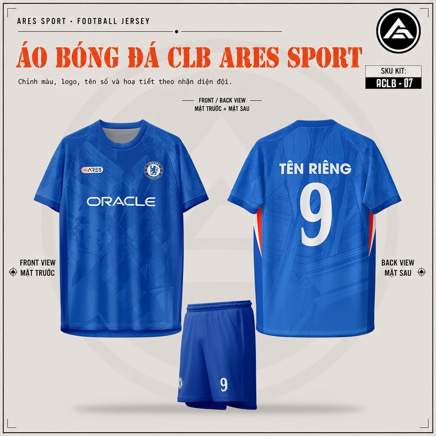 Áo bóng đá CLB Chelsea xanh dương, mặt trước, mặt sau và quần xanh dương in tên số 9