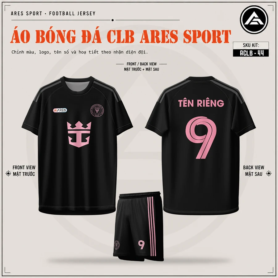 Áo bóng đá CLB Inter Miami đen, mặt trước, mặt sau và quần đen sọc hồng in tên số 9