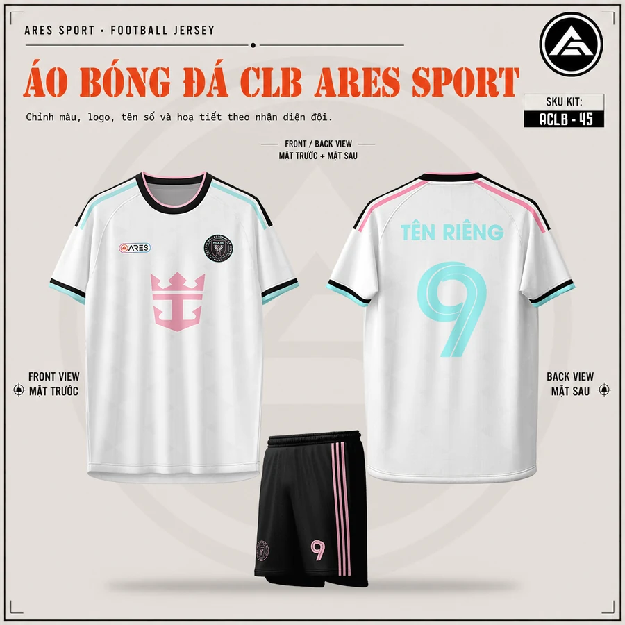 Áo bóng đá CLB Inter Miami trắng, mặt trước, mặt sau và quần đen sọc hồng in tên số 9