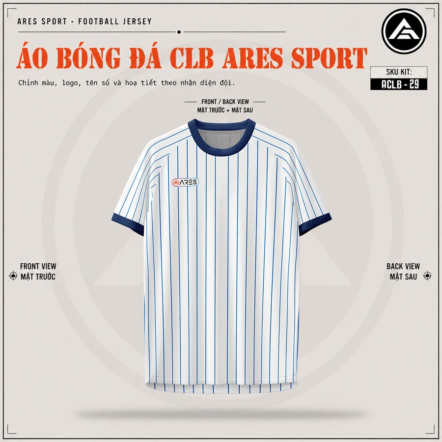 Mặt trước áo đá banh CLB Inter Milan trắng sọc xanh, cổ tròn navy, chưa in logo