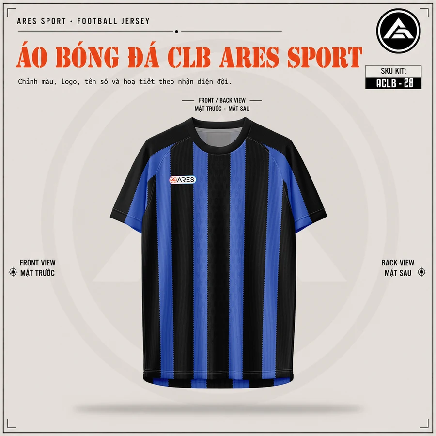 Mặt trước áo đá banh CLB Inter Milan xanh đen sọc, cổ tròn đen, chưa in logo