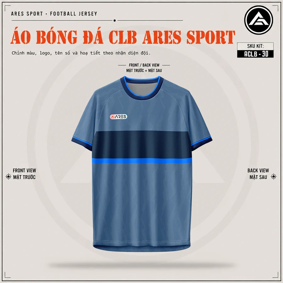 Mặt trước áo đá banh CLB Inter Milan xanh xám, cổ tròn viền xanh dương, chưa in logo