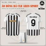 Áo bóng đá CLB Juventus đen trắng sọc, mặt trước, mặt sau và quần trắng sọc đen in tên số 9