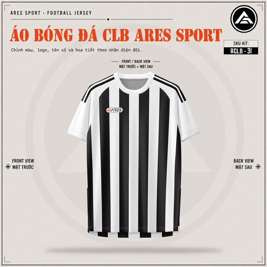 Mặt trước áo đá banh CLB Juventus đen trắng sọc, cổ tròn đen, chưa in logo