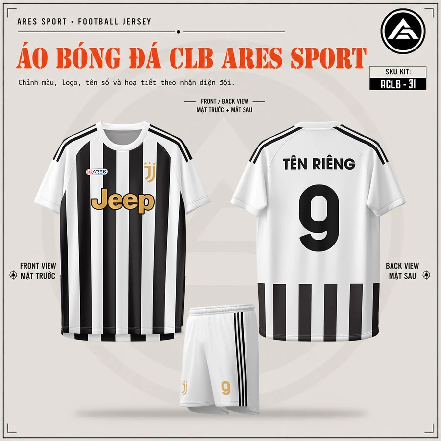 Áo bóng đá CLB Juventus đen trắng sọc, mặt trước, mặt sau và quần trắng sọc đen in tên số 9