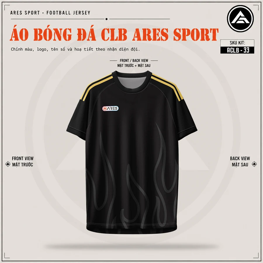 Mặt trước áo đá banh CLB Juventus đen vàng, cổ tròn viền vàng, chưa in logo
