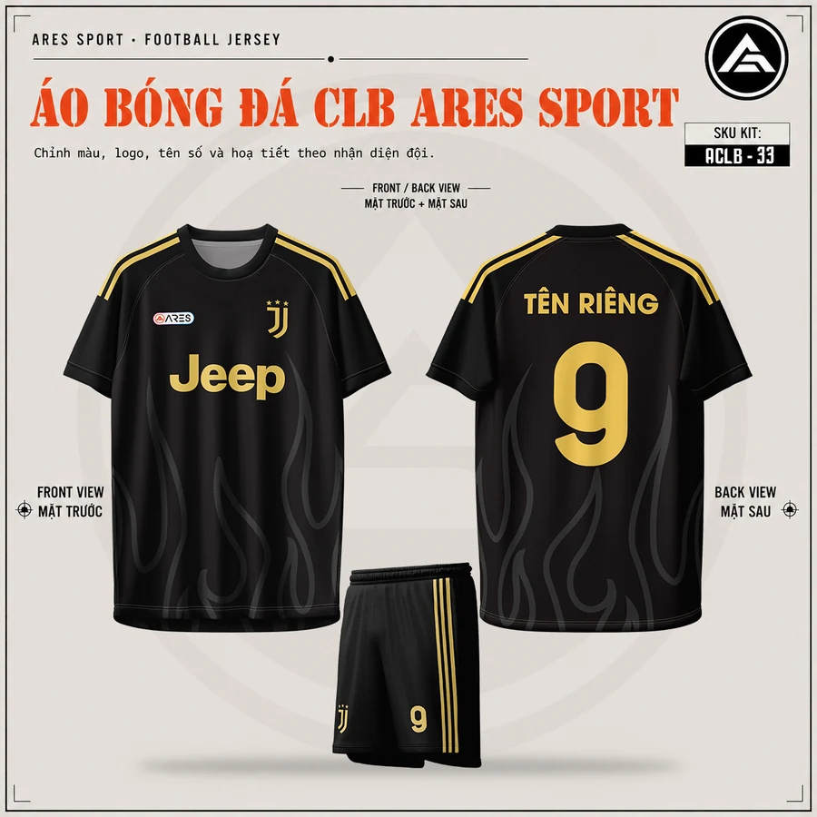 Áo bóng đá CLB Juventus đen vàng, mặt trước, mặt sau và quần đen in tên số 9