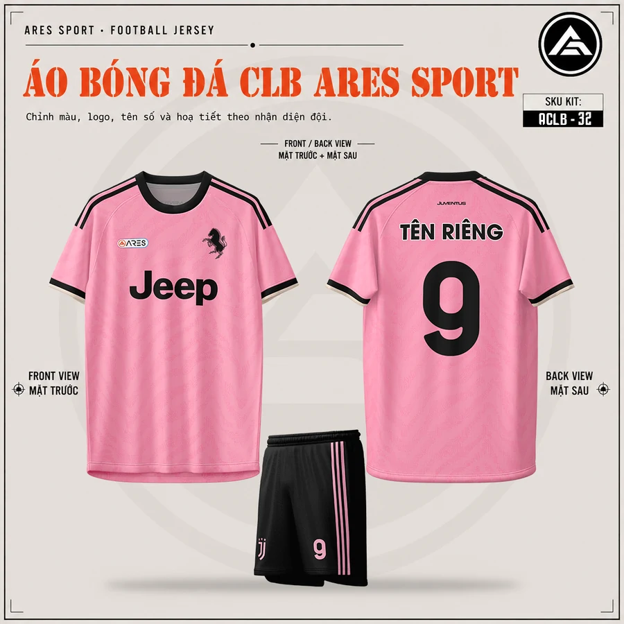 Áo bóng đá CLB Juventus hồng, mặt trước, mặt sau và quần đen in tên số 9
