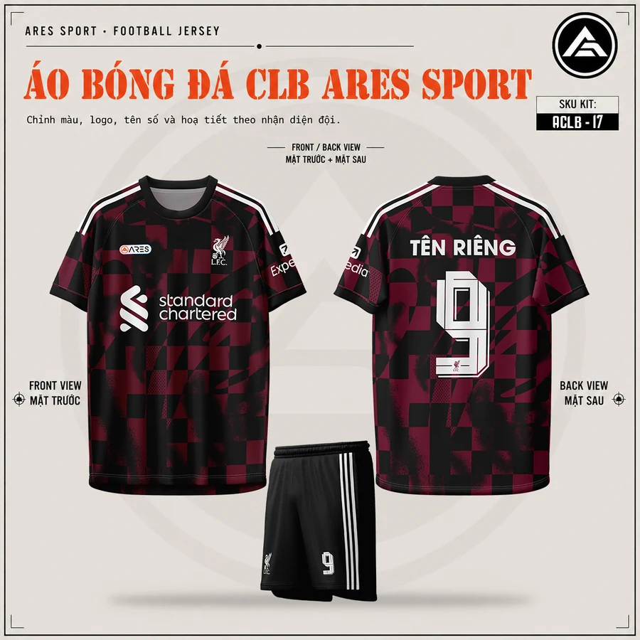 Áo bóng đá CLB Liverpool đen đỏ ô caro, mặt trước, mặt sau và quần đen sọc trắng in tên số 9