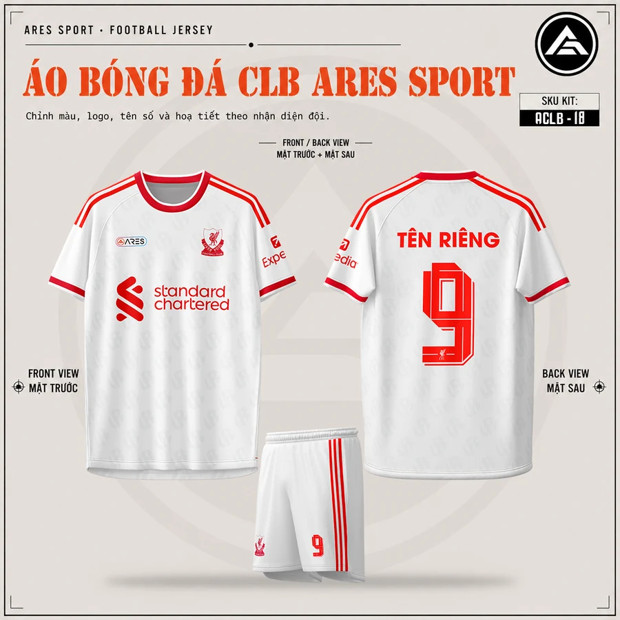 Áo bóng đá CLB Liverpool trắng, mặt trước, mặt sau và quần trắng sọc đỏ in tên số 9