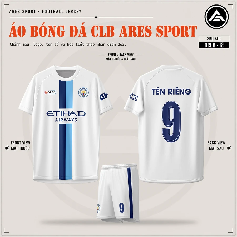 Áo Bóng Đá CLB Man City Trắng Sọc Navy Áo bóng đá CLB Man City trắng sọc navy, mặt trước, mặt sau và quần trắng sọc navy in tên số 9