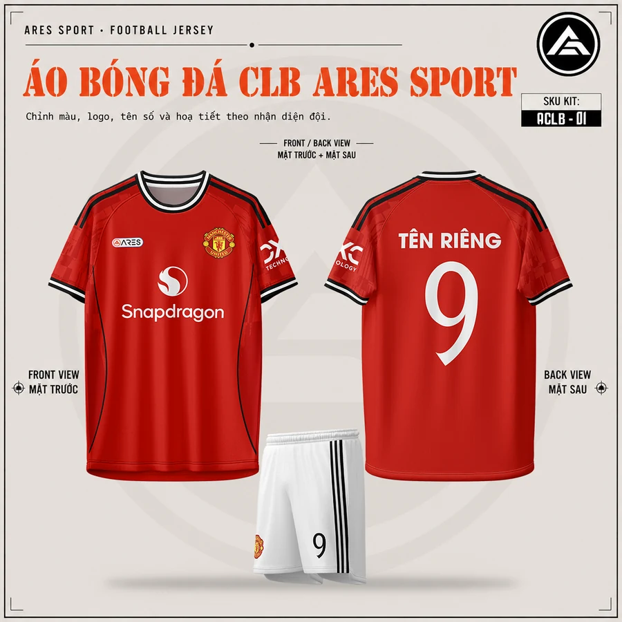 Áo bóng đá CLB Man United đỏ, mặt trước, mặt sau và quần trắng sọc đen in tên số 9