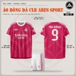 Áo bóng đá CLB Real Madrid hồng, mặt trước, mặt sau và quần trắng sọc hồng in tên số 9