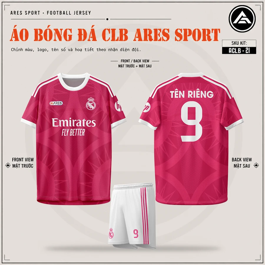 Áo bóng đá CLB Real Madrid hồng, mặt trước, mặt sau và quần trắng sọc hồng in tên số 9