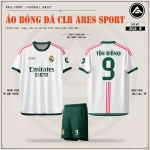 Áo bóng đá CLB Real Madrid trắng viền xanh lá, mặt trước, mặt sau và quần xanh lá in tên số 9