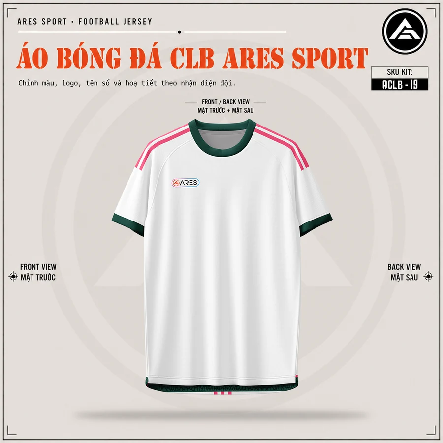 Mặt trước áo đá banh CLB Real Madrid trắng viền xanh lá, cổ tròn viền xanh lá, chưa in logo
