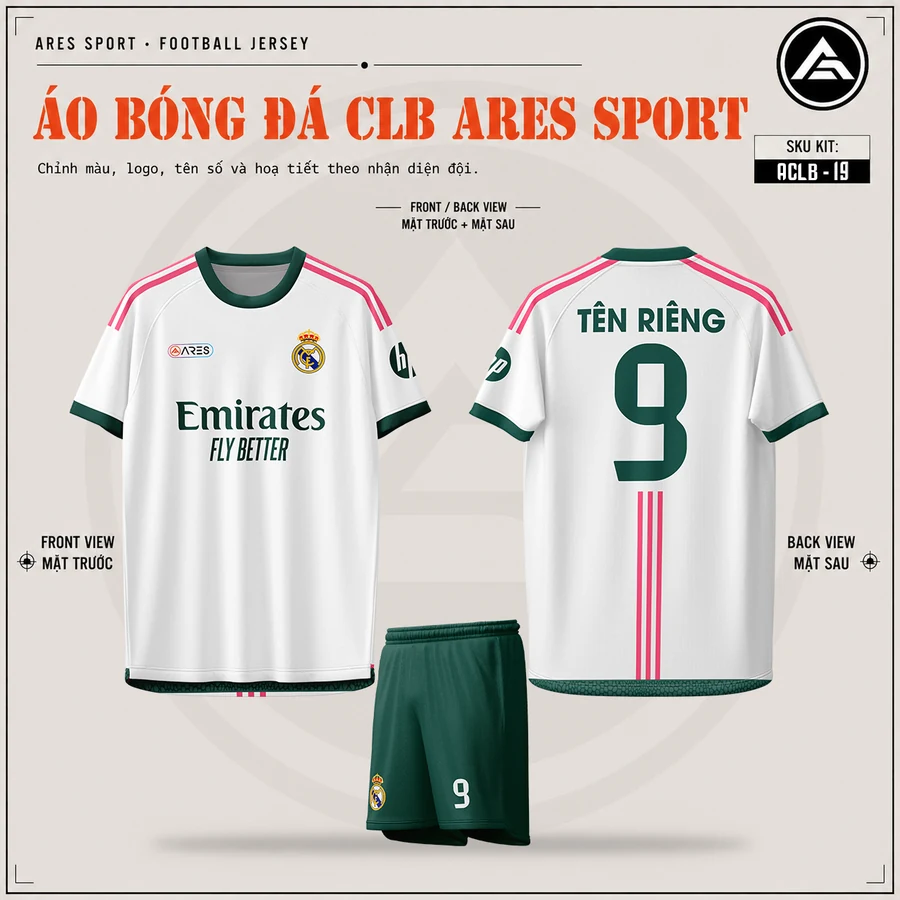 Áo bóng đá CLB Real Madrid trắng viền xanh lá, mặt trước, mặt sau và quần xanh lá in tên số 9