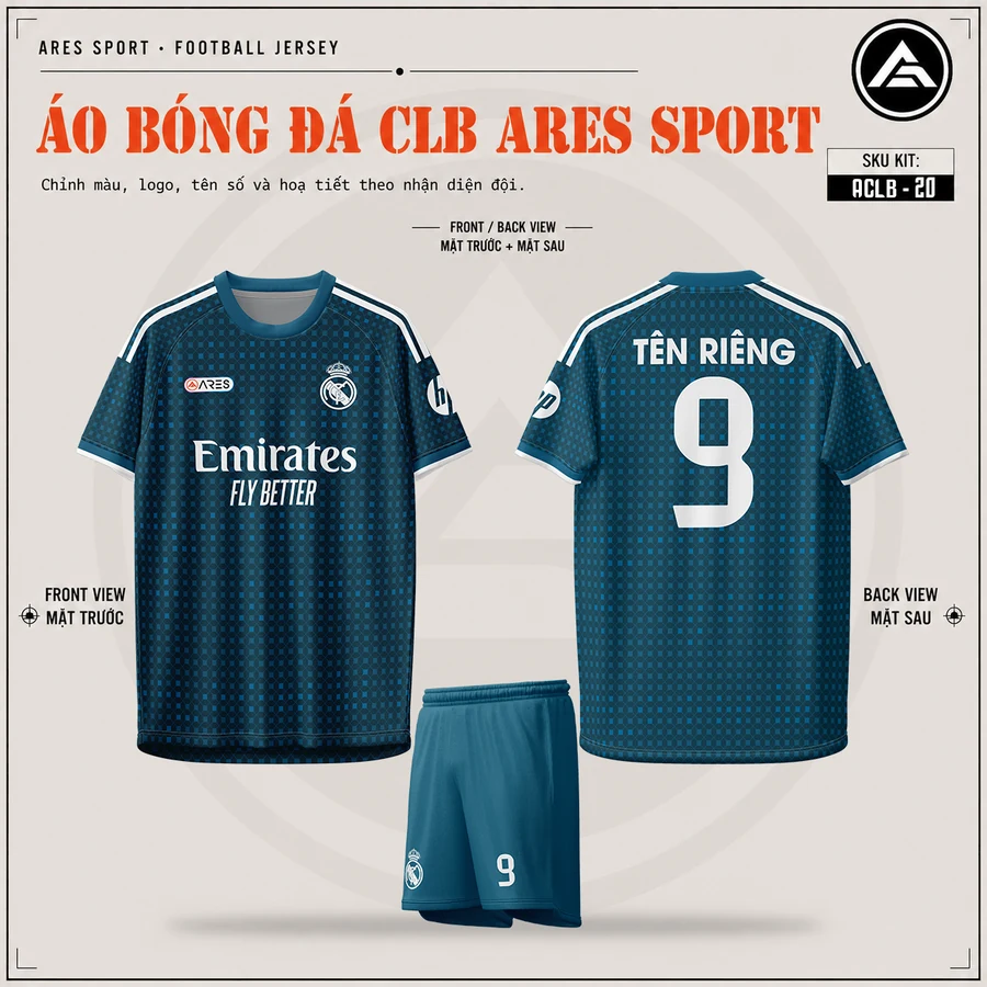 Áo bóng đá CLB Real Madrid xanh petrol, mặt trước, mặt sau và quần xanh petrol in tên số 9