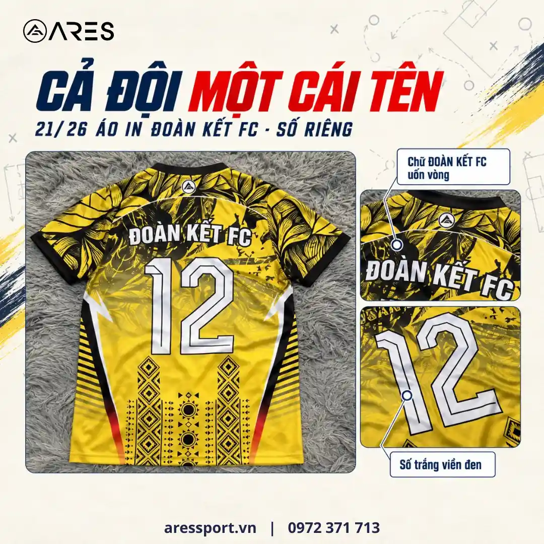 Lưng áo bóng đá Đoàn Kết FC in chữ ĐOÀN KẾT FC phía trên số 12, cả đội in chung một tên