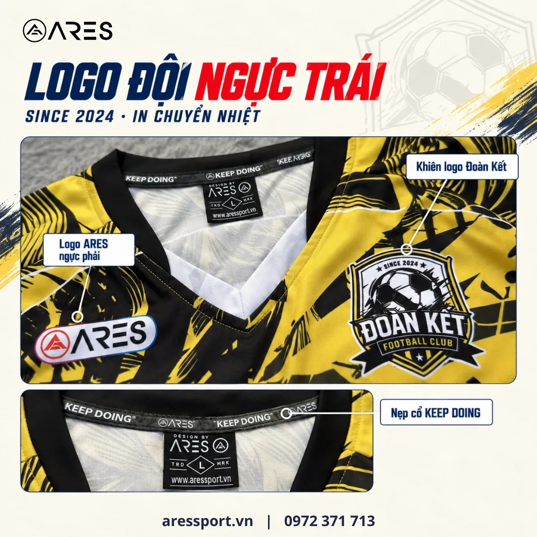 Cận logo khiên Đoàn Kết ngực trái và logo ARES ngực phải trên áo bóng đá vàng đen, nẹp cổ KEEP DOING