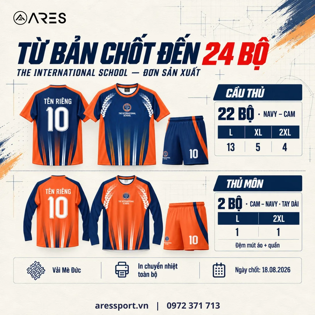 Ảnh minh họa bản chốt 24 bộ áo bóng đá trường TIS: 22 bộ cầu thủ navy cam và 2 bộ thủ môn cam navy tay dài