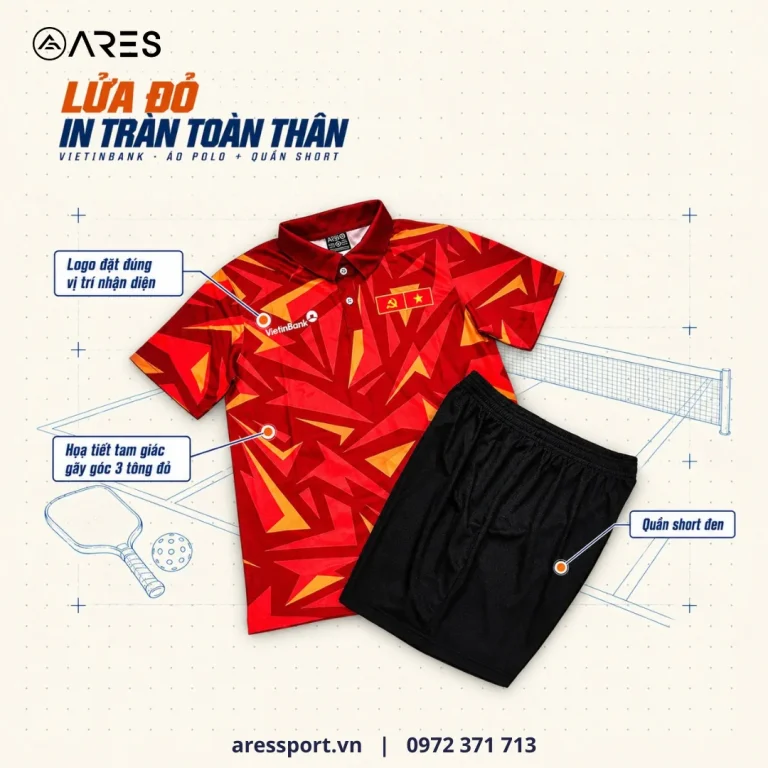 Ảnh minh họa áo polo pickleball in tràn họa tiết đỏ và quần short đen ARES may cho VietinBank