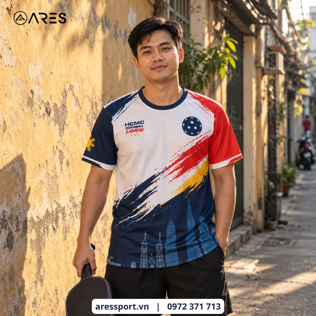 Ảnh minh họa áo lên người do AD dựng cảnh: người mẫu mặc áo pickleball cổ tròn HCMC Pickleball Kabayan ARES may bằng vải Mè Thái Pro, đứng trong hẻm phố Sài Gòn